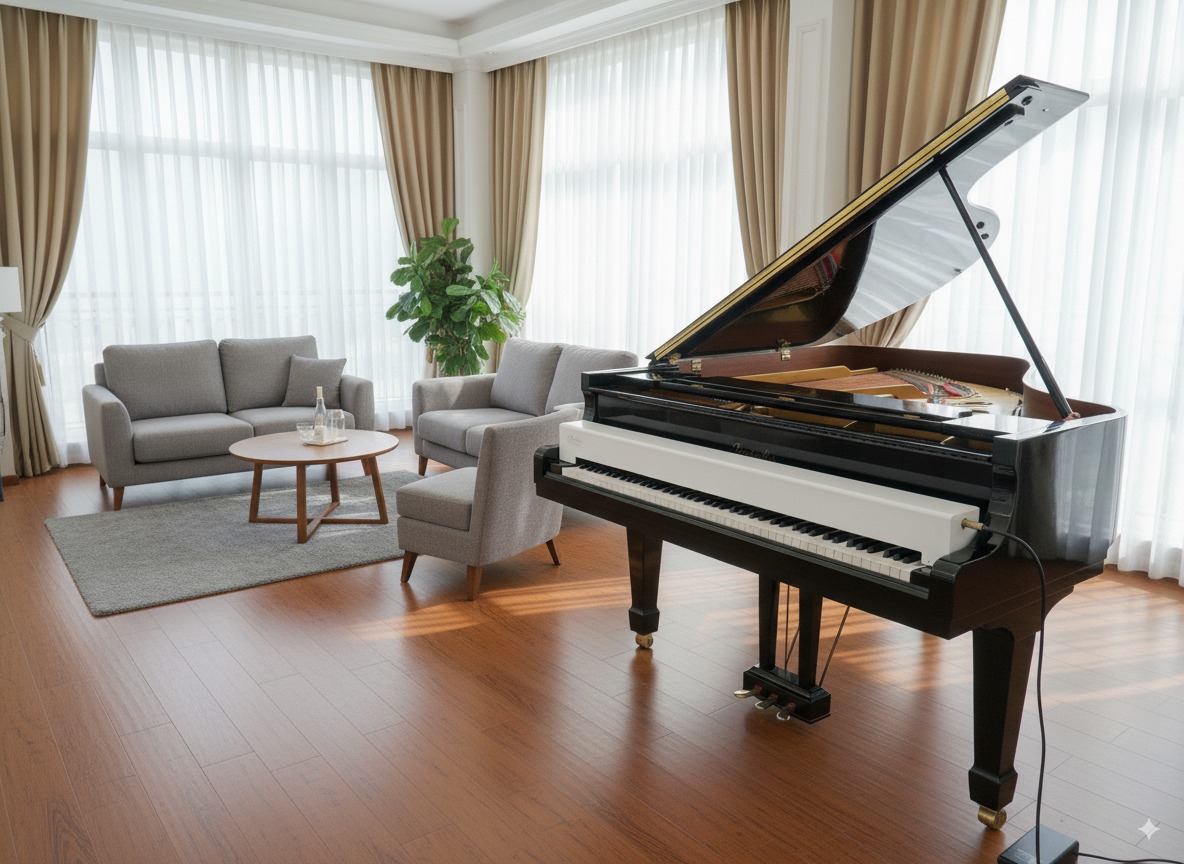 PianoMate AI product concept shown on a grand piano in a modern living room